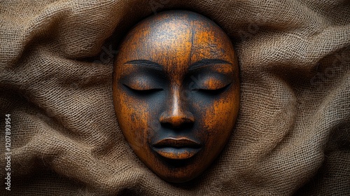 Handcrafted wooden African tribal mask with intricate details and rich textures photo