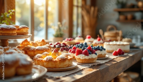 Wallpaper Mural Rustic bakery display with assorted pastries and fresh berries in sunlit setting Torontodigital.ca