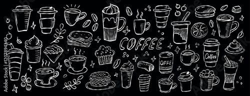 Delicious coffee and dessert doodles featuring various beverages and snacks on a black background