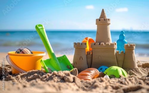 Children's sand castle adorned with beach toys and shells, showcasing a vibrant play scene on a sunny coastal backdrop.