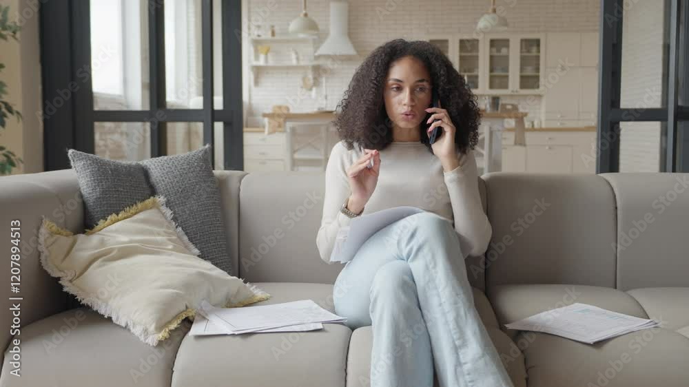 Woman, Phone Call and Documents in Home for Taxes, Question Woman, Phone Call and Documents in Home for Taxes, Question