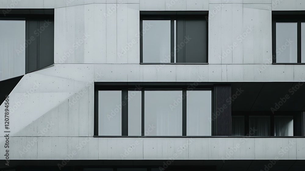 Modern residential building with a white geometric facade featuring vertical and diagonal plaster divisions, large black-framed windows, and a dark lower section made of textured architectural Modern residential building with a white geometric facade featuring vertical and diagonal plaster divisions, large black-framed windows, and a dark lower section made of textured architectural