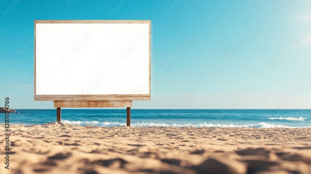Empty Billboard on Sandy Beach Surrounded by Gentle Waves and Clear Sky Evoking a Sense of Calmness and Isolation Empty Billboard on Sandy Beach Surrounded by Gentle Waves and Clear Sky Evoking a Sense of Calmness and Isolation