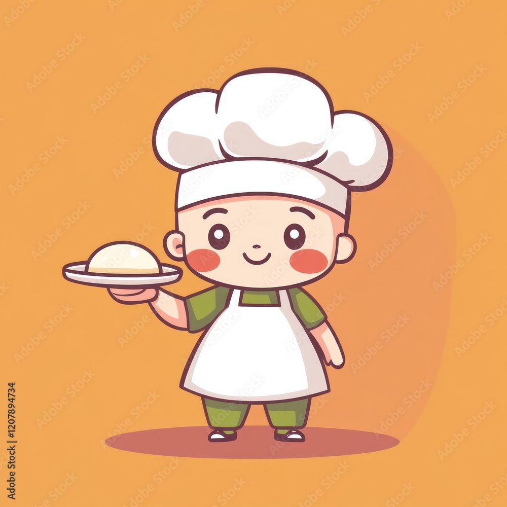 Cute cartoon chef holding food, cheerful illustration, possibly for children's book or cookbook Cute cartoon chef holding food, cheerful illustration, possibly for children's book or cookbook