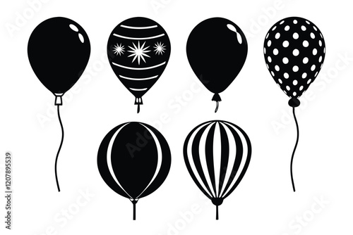set of 6 balloons silhouette vector cartoon illustration