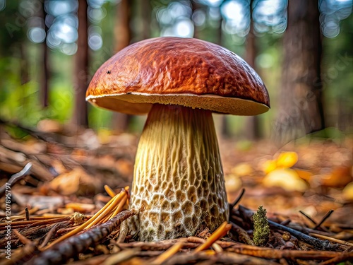 Macro Photography of Neoboletus luridiformis Mushroom, Close-up Boletes, Fungi, Forest Floor photo
