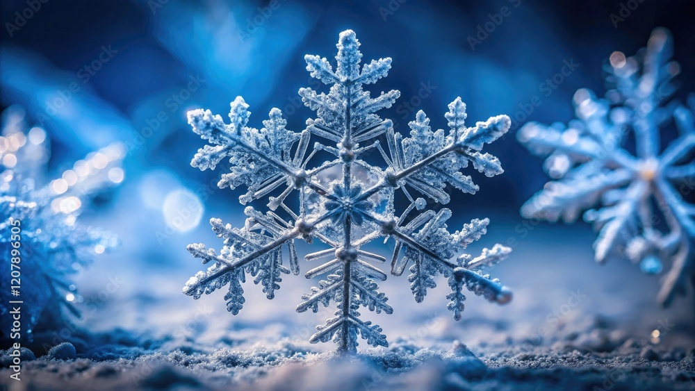 Close-up of a single snowflake with unique patterns and branches, branched, icy, patterned Close-up of a single snowflake with unique patterns and branches, branched, icy, patterned