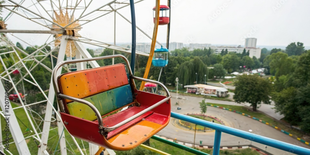 Close-up of a single seat on a colorful ferris wheel in a city park, playground equipment, , colorful design Close-up of a single seat on a colorful ferris wheel in a city park, playground equipment, , colorful design