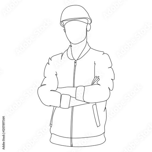 dessin en ligne continue d'un homme au travail, de face, line art, vecteur	
