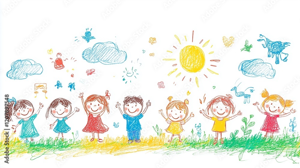 Naklejka premium Happy cartoon kids playing with in a sunny park, enjoying childhood joy