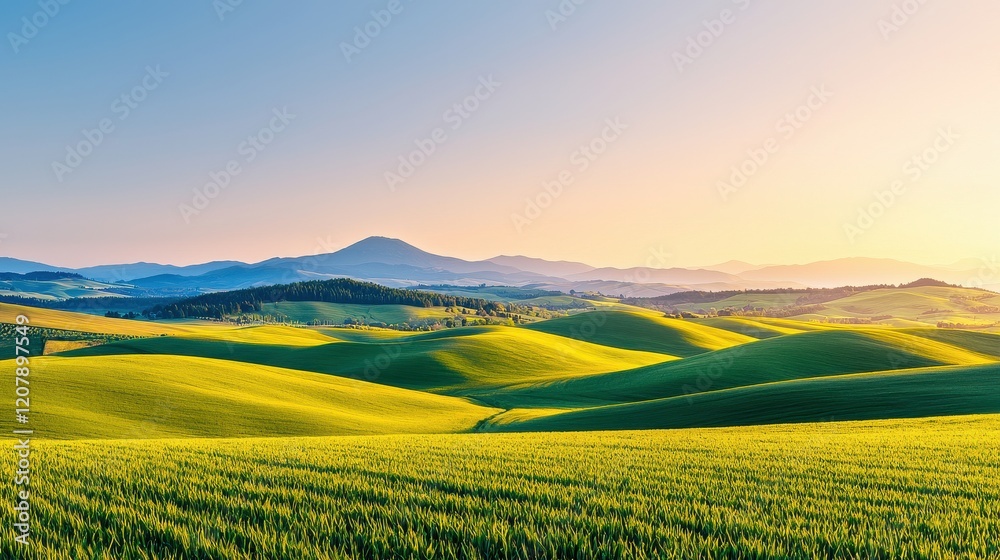 Fototapeta premium A serene landscape featuring rolling green hills under a clear sky, with distant mountains bathed in soft sunlight, creating a tranquil and picturesque scene.