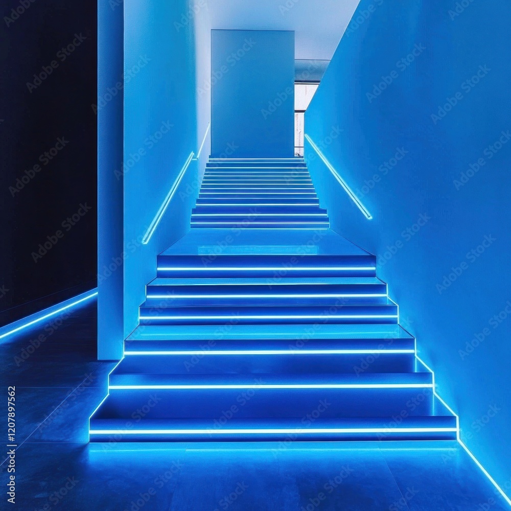 Fototapeta premium Blue Neon Lit Staircase Interior Design