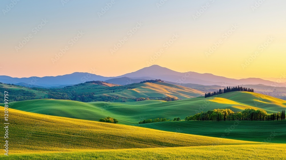 Fototapeta premium A serene landscape featuring rolling green hills, distant mountains, and a tranquil sunset sky, creating a peaceful and idyllic natural scene.
