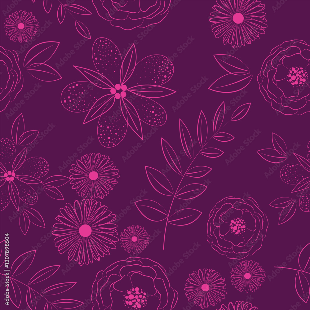 Fototapeta premium Elegant floral vector seamless pattern with pink flowers and foliage on the purple background