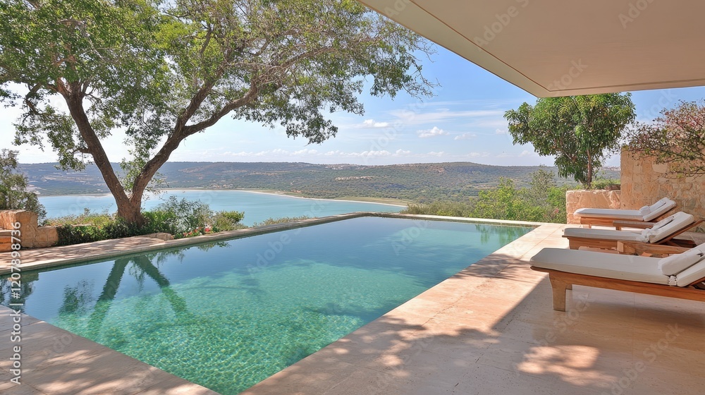 Infinity Pool Overlooking Serene Lake and Hills Infinity Pool Overlooking Serene Lake and Hills