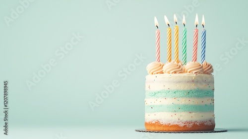 Colorful layered cake with lit candles on a light blue background for celebration or birthday
