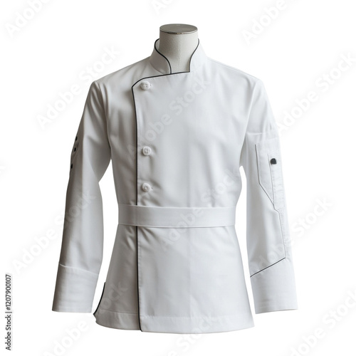 A pristine white chef's jacket with black trim, displayed on a mannequin, showcases its clean and professional design. photo