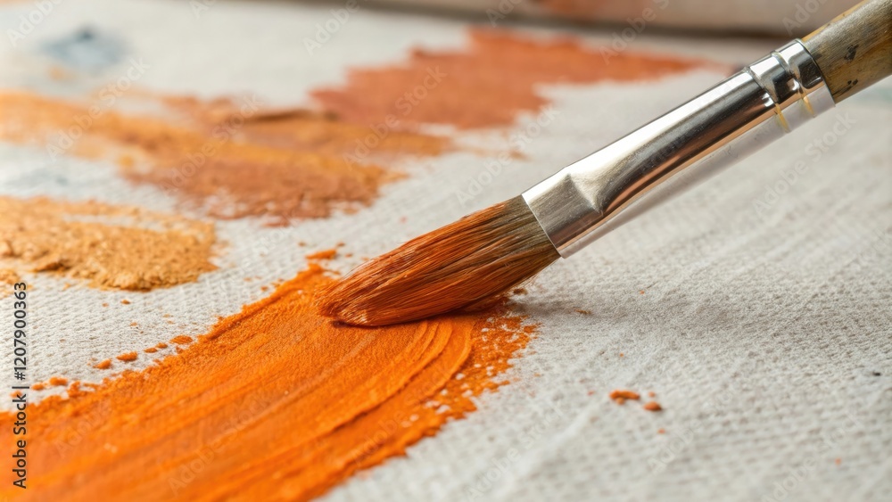 Fototapeta premium Close-up shot of an artist's brush strokes in bright orange paint on a rough-textured canvas, artistic expression, , bright orange paint, artist brush