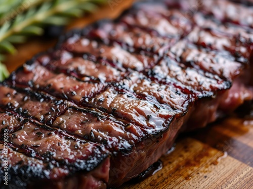 Close-up shot of a perfectly grilled steak with a smoky patina, highlighting the marbling and tenderness of the meat, food photography, grilled steak