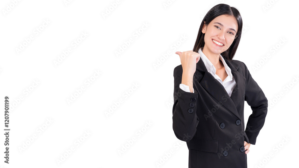 Happy Young business woman in a black suit, smiling confidently while pointing to copy space. Making it ideal for business, marketing or corporate themes Happy Young business woman in a black suit, smiling confidently while pointing to copy space. Making it ideal for business, marketing or corporate themes
