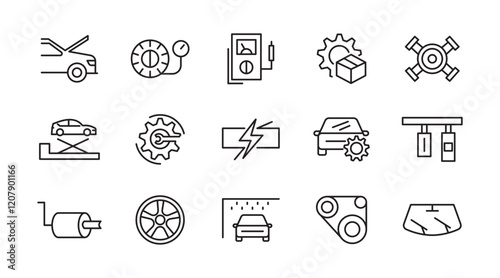 Auto service, Car repair line icon set. Spare Component, Replacement Part, Auto Spare, Car Part, Vehicle, system, energy, wash, shop, oil, maintenance line icon set. UI thin line icon pack.