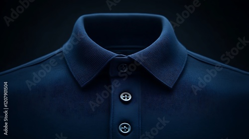 Closeup of a dark blue textured polo shirt collar