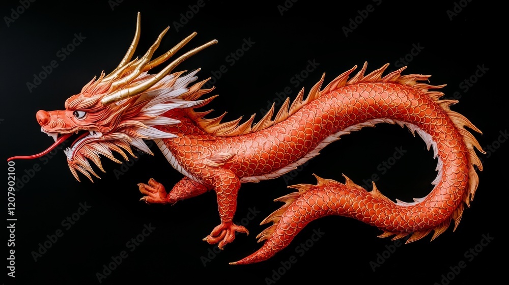 Intricate Orange Dragon Sculpture on Black Background Intricate Orange Dragon Sculpture on Black Background