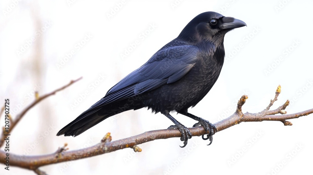 Black bird perched on a tree branch in natural habitat setting Black bird perched on a tree branch in natural habitat setting