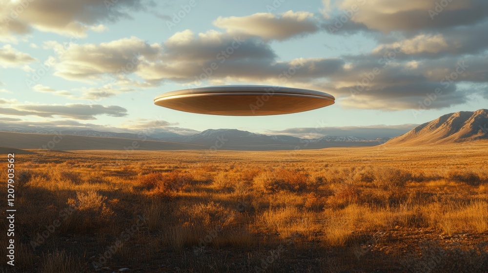 Fototapeta premium Flying Saucer Over Desert Landscape at Sunset with Dramatic Clouds