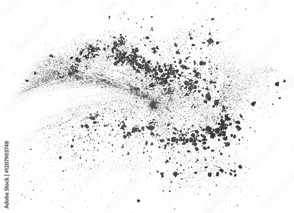 Black charcoal fragments isolated on a white background, view from above. Charcoal particles. Black charcoal fragments isolated on a white background, view from above. Charcoal particles.