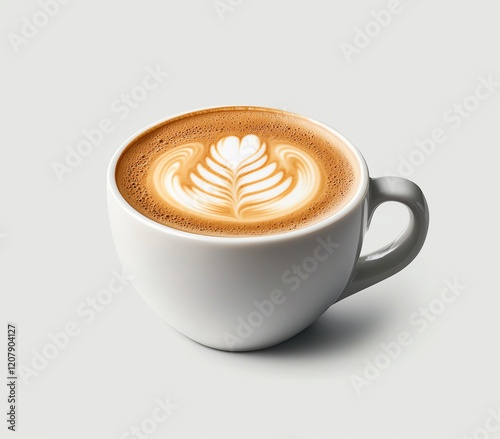 A beautifully crafted latte art in a white ceramic cup, showcasing intricate designs made from steamed milk. The warm tones of coffee create a cozy and inviting atmosphere.