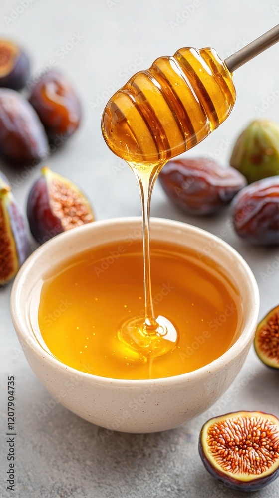 Purity of Ramadan Iftar concept. A drizzle of golden honey flows from a honey dipper into a white bowl, surrounded by fresh figs on a light background. Purity of Ramadan Iftar concept. A drizzle of golden honey flows from a honey dipper into a white bowl, surrounded by fresh figs on a light background.