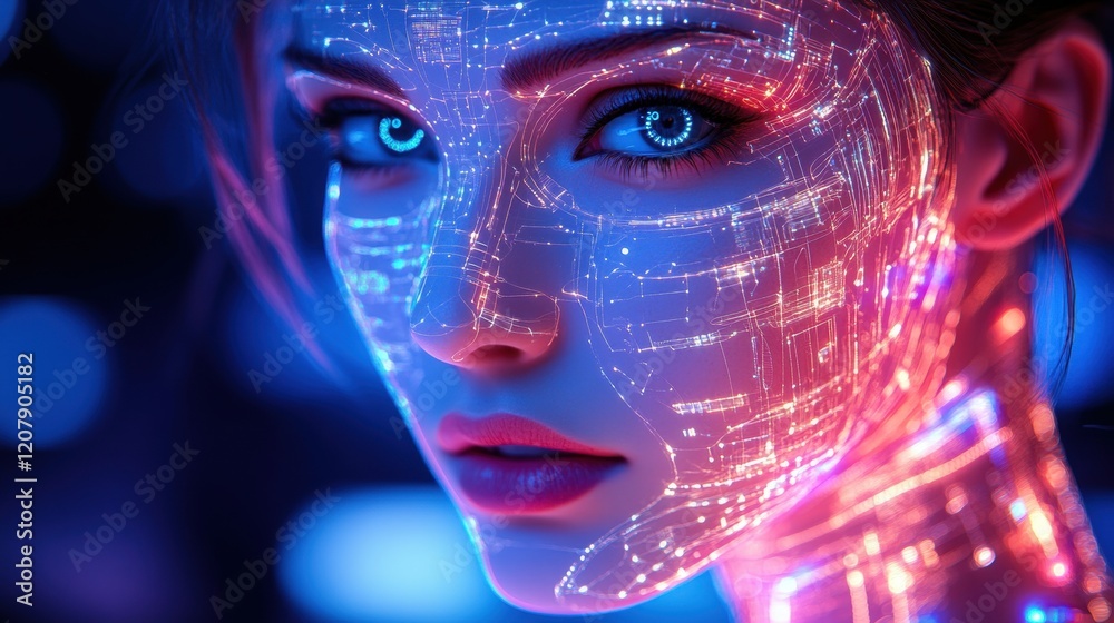 Futuristic Portrait of Woman with Glowing Circuitry on Face Futuristic Portrait of Woman with Glowing Circuitry on Face