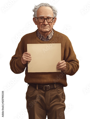 An illustration of an elderly man with glasses wearing a brown sweater holding a blank beige sign. photo