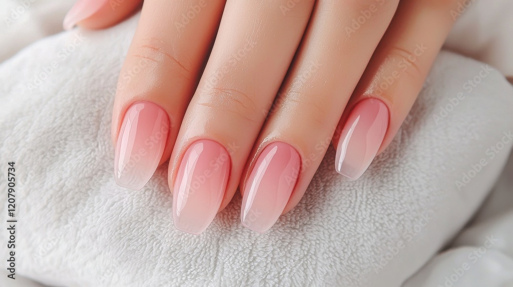 A close-up of elegantly manicured nails featuring a soft ombre effect in pink, resting on a textured white cloth. A close-up of elegantly manicured nails featuring a soft ombre effect in pink, resting on a textured white cloth.