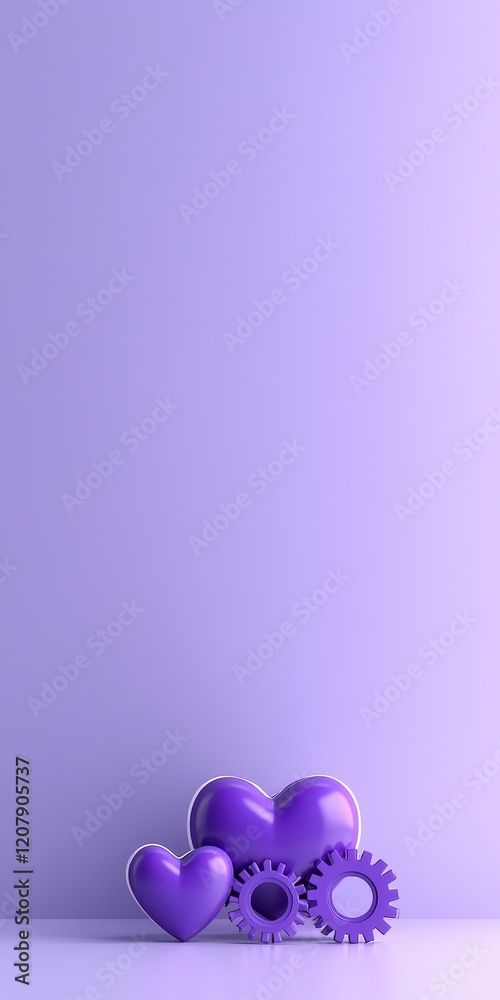 A whimsical display of purple hearts and gears symbolizing love and creativity in a minimalist setting. A whimsical display of purple hearts and gears symbolizing love and creativity in a minimalist setting.