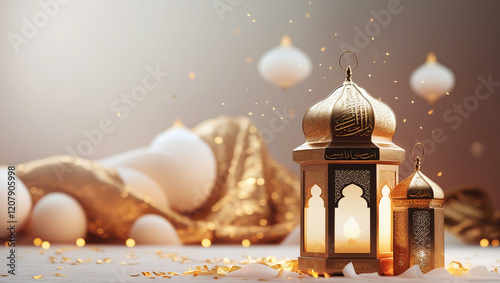 Celebration of islamic eid mubarak and eid al adha lantern in a light background photo