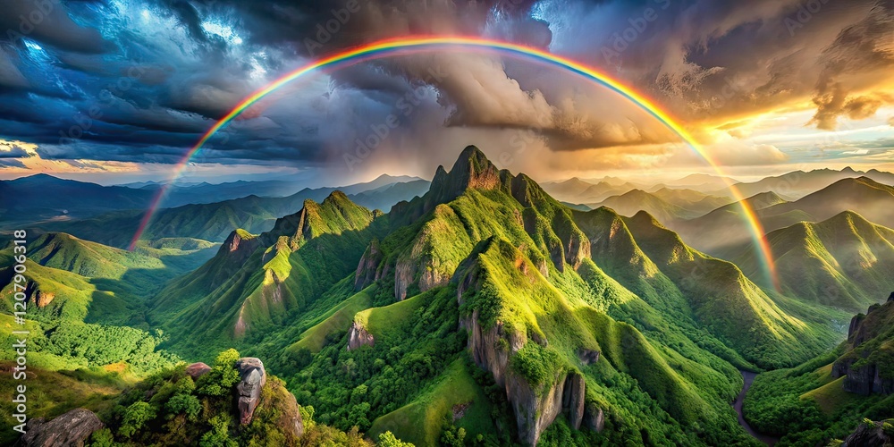 Obraz premium Majestic Rainbow Over Mountains After Storm
