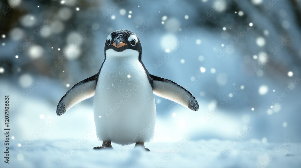 Fototapeta premium A penguin with front face in a ice location, stretching its wings.