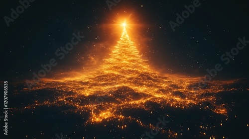 Golden Christmas Tree Sparkles Brightly In Night Sky