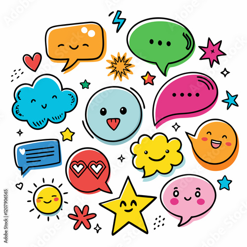A cheerful collection of colorful speech bubbles, stars, hearts, and cute faces with vibrant, playful designs.
