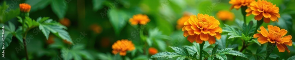 Lush greenery surrounds the bright orange marigold blooms, vines, foliage Lush greenery surrounds the bright orange marigold blooms, vines, foliage