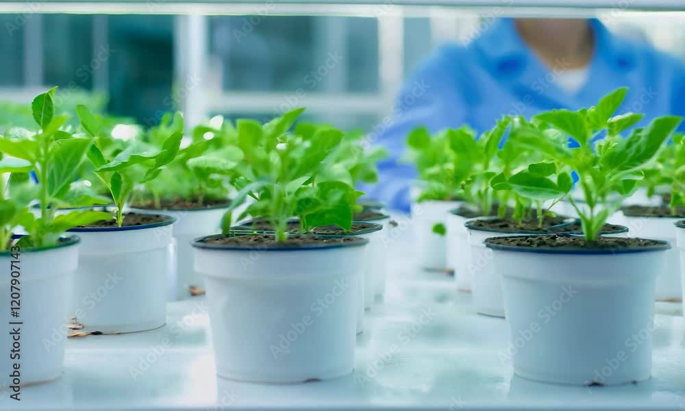 A close-up view of green seedlings growing in white pots, emphasizing plant cultivation in a controlled environment. A close-up view of green seedlings growing in white pots, emphasizing plant cultivation in a controlled environment.