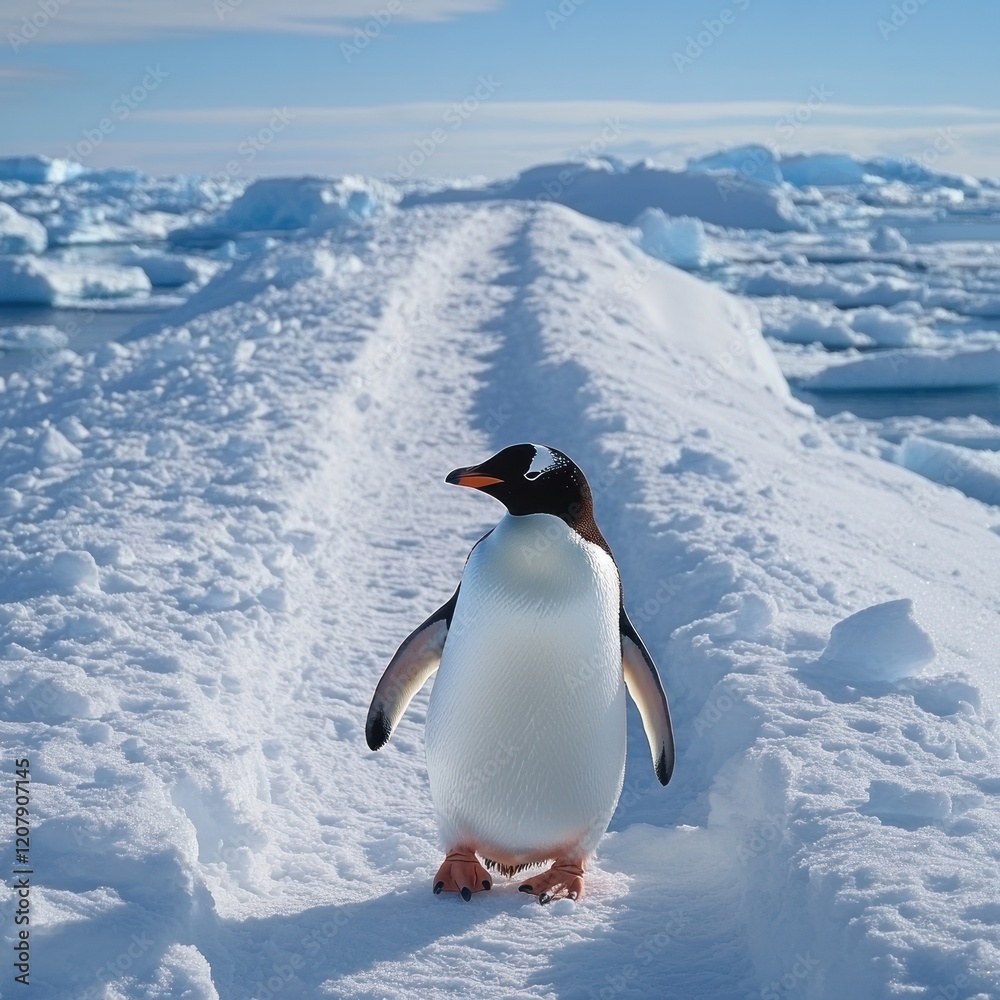 Fototapeta premium Antarctic penguin walks ice ridge, glacier background, wildlife documentary