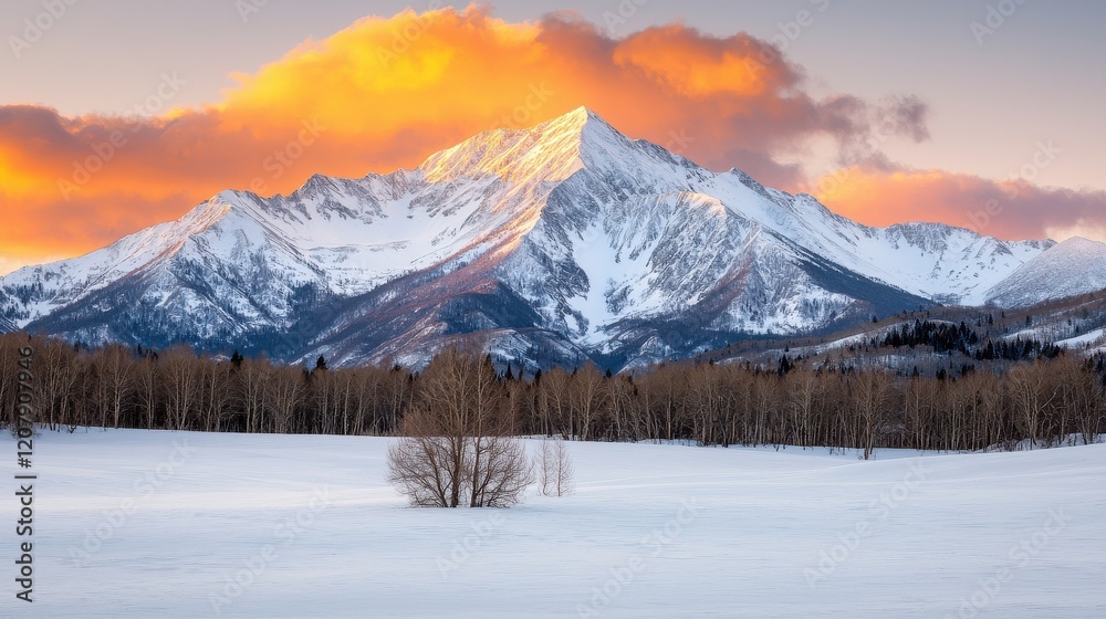 A breathtaking mountain landscape at sunset, featuring snow-capped peaks and a serene winter scene with a solitary tree against a colorful sky. A breathtaking mountain landscape at sunset, featuring snow-capped peaks and a serene winter scene with a solitary tree against a colorful sky.