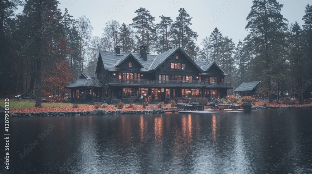 Lakeside Luxury Home Autumnal Setting Evening Lights Lakeside Luxury Home Autumnal Setting Evening Lights
