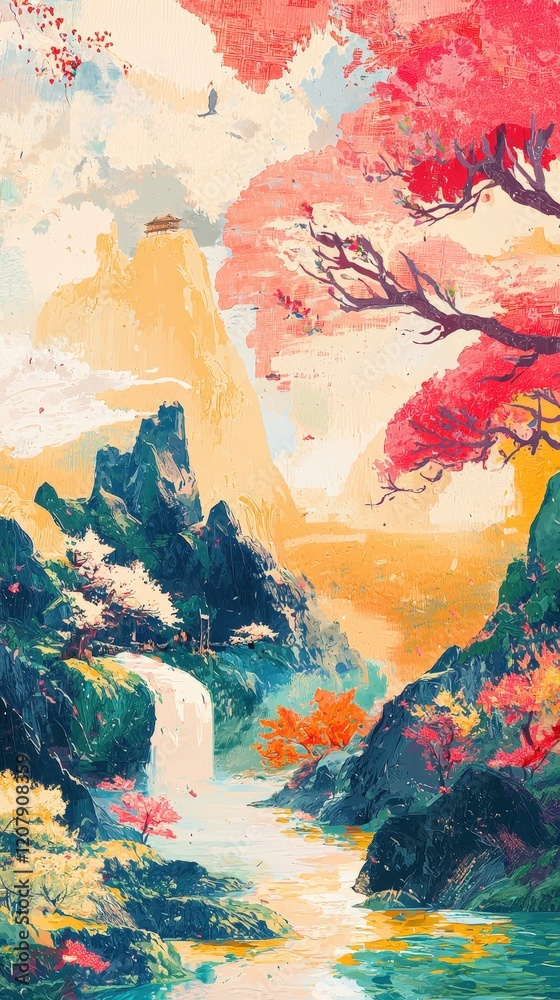 Vivid digital art of a waterfall surrounded by colorful trees and serene mountains, symbolizing tranquility and natural beauty. Perfect for phone backgrounds and fantasy themes. Vivid digital art of a waterfall surrounded by colorful trees and serene mountains, symbolizing tranquility and natural beauty. Perfect for phone backgrounds and fantasy themes.