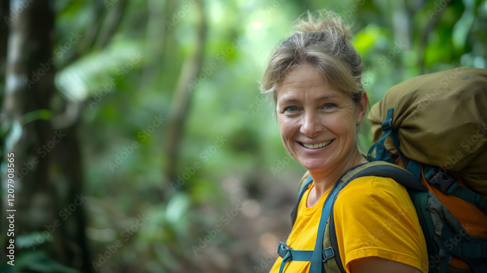 Naklejka premium Elderly woman hiking in Amazon rainforest, smiling.