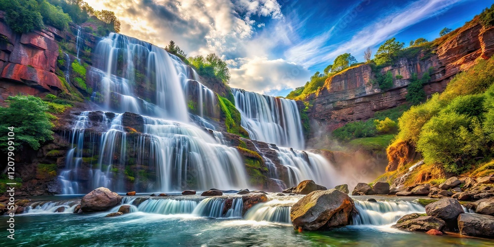 Fototapeta premium Majestic Waterfall Bottom View, Rocks, Nature Photography