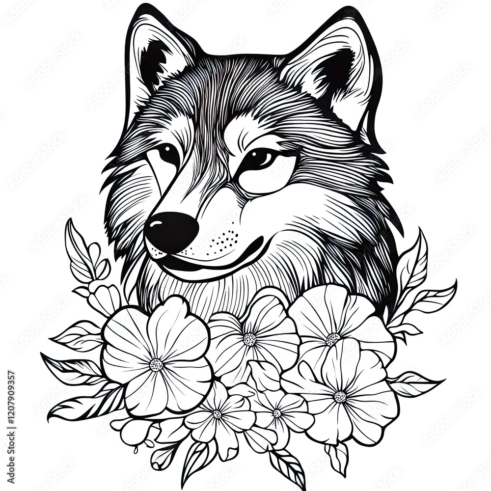 Fototapeta premium Charming Wolf and Flowers Coloring Book Page for Kids